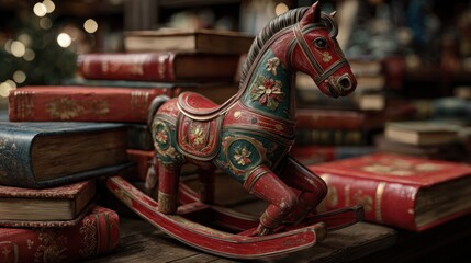 An antique rocking horse painted red and green, sitting near a stack of holiday-themed children's books,