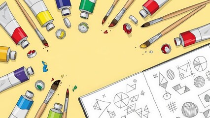 Art Supplies and Sketchbook with Geometric Shapes and Icons.