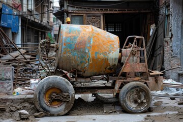 Obraz premium Small portable cement mixer abandoned in a muddy construction site in kathmandu, nepal