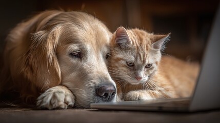 A loyal golden retriever rests its head next to a ginger tabby cat focused on a laptop, capturing the essence of friendship and shared moments in a cozy indoor setting.