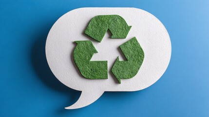 Recycling symbol inside a speech bubble on blue background, representing the importance of communication and awareness for eco-friendly habits to protect the future.