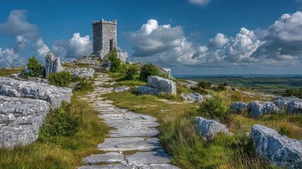 Gray Stone Tower at the Top of a Hill with Cloudy Sky And Path, with Greenery and Rocks, Landscape Under Blue Skies