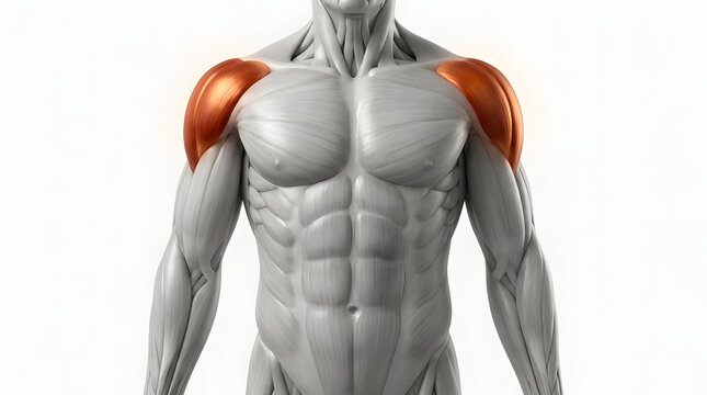Anatomical illustration showing the upper torso of a person with highlighted deltoid muscles in orange color on a white background