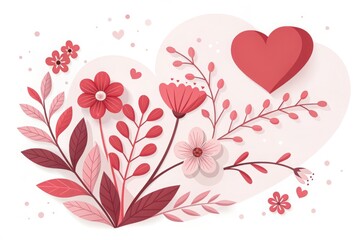 Romantic flat design vector illustration featuring a bouquet of pink and red flowers and leaves with a large 3D heart on a clean white background