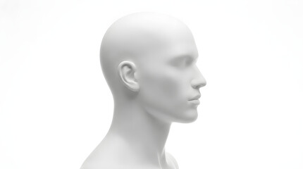 A pale human head and shoulders are presented in profile against a bright white background with soft focus on the facial features