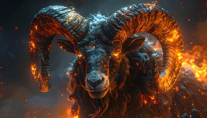 A majestic creature, a ram, is engulfed in flames. Its eyes glow amidst a fiery inferno. The background is smoky and dark