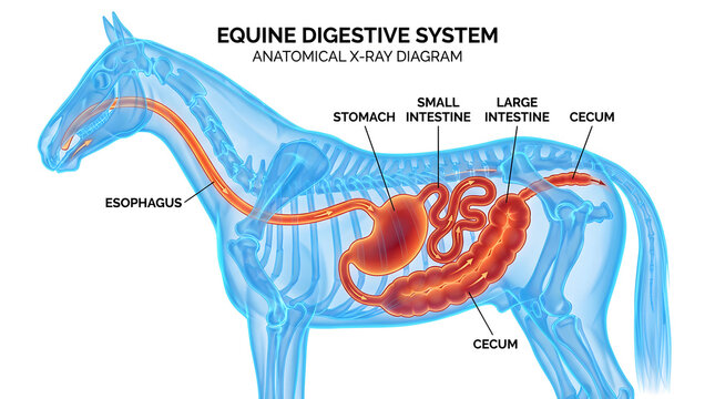 Horse digestive system diagram showing anatomical structures inside a blue horse outline with labels and red organs