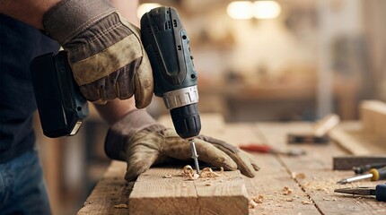 Craftsperson drilling wood with power tool in workshop setting
