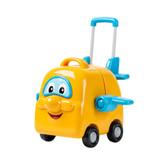 Naklejka premium Adorable yellow toy-like kids' rolling suitcase with a happy smiling face, blue goggles, and retractable handle.