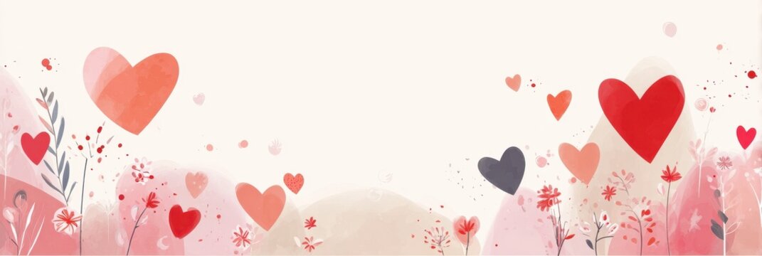 Valentines day watercolor abstract hearts background banner, delightful boho illustration, artistic doodle, panoramic web header with copy space, wide screen wallpaper.