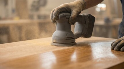 Skilled craftsperson sanding wooden surface with electric sander in workshop