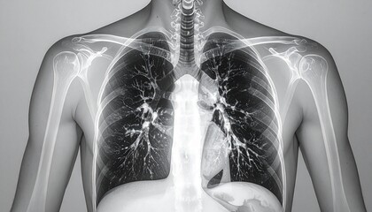 Human chest x-ray. Rib cage and lungs. Medical imaging of thoracic skeleton. Gray background. X-ray photography. Human anatomy. Internal organs. Chest radiograph. Lung structure.