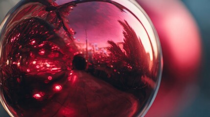 An extremely detailed macro shot of a single shiny, red round ornament reflecting the entire Christmas tree and room,