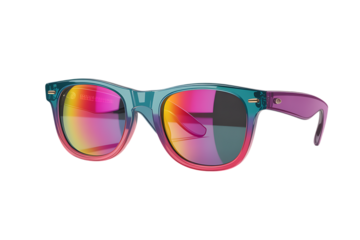 Vibrant translucent sunglasses with gradient teal and pink frames and colorful mirrored lenses