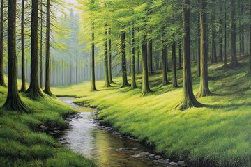 Obraz premium Serene Forest Stream with Sunlight Filtering Through Green Leaves in Springtime Landscape