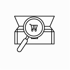 Magnifying glass over an open treasure chest with a shopping cart symbol, symbolizing online shopping discovery.
