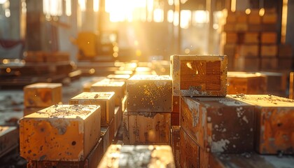 Wooden blocks, aged and weathered, are arranged in an industrial setting, bathed in warm sunlight. The golden light shines