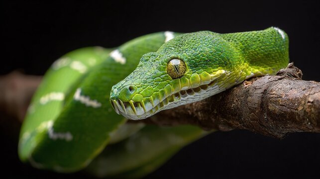 Emerald tree boa resting on a branch. Its vibrant green scales and mesmerizing golden eyes create a captivating contrast, showcasing nature's beauty in a close-up perspective.