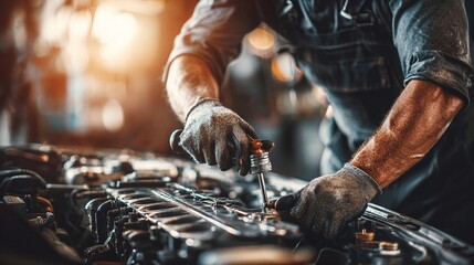 An auto mechanic repairs an engine in a workshop, using tools to adjust components. The scene depicts skilled labor, precision, and the complexity of modern automotive engineering.