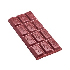 Delicious ruby chocolate bar divided into twelve pieces with flower designs on a clean white background perfect for gourmet chocolate lovers and connoisseurs of sweet treats.