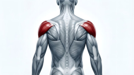 Anatomical illustration of a human torso from the back with muscles visible and highlighted in red on the shoulders against a white background