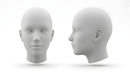 Two white human head shapes are displayed a frontal view and a side profile view are visible both facing left