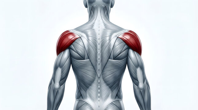 Anatomical illustration of a human torso from the back with muscles visible and highlighted in red on the shoulders against a white background