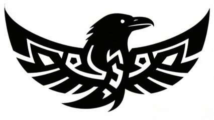 A tribal black eagle tattoo vector design featuring a flying bird silhouette with spread wings and sharp feathers as a powerful wildlife nature symbol for a logo or sign