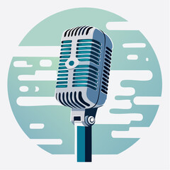 Retro Blue Microphone Illustration with Circular Teal Background for Music Recording and Podcast Use in Vector Format Against a Clean White Backdrop Emphasizing Vintage