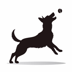Playful Black Dog Silhouette Jumping for Ball Isolated on White Background