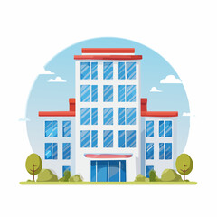 Modern White Building Facade with Blue Windows and Red Accents Vector Illustration Featuring Office School Hospital or Mall Exterior Against a Clear Sky