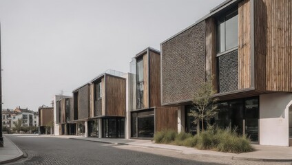 Fototapeta premium Modern Residential Architecture with Wooden Facades and Large Windows.