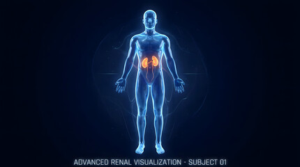 Anatomical illustration showing a human figure with visible organs and a glowing effect on a dark blue background