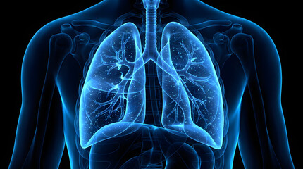 Anatomical illustration showing a human torso with visible lungs and ribcage in a glowing blue color scheme on a dark background