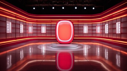 Illuminated studio set featuring a prominent red oval shape on a circular platform, encased in white light, with a reflective floor, and white rectangular lights in background.