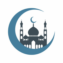 Elegant Blue Mosque Silhouette with Crescent Moon on White Background Symbolizing Ramadan in Simple Flat Vector Style for Festive Spiritual Design and Islamic Culture