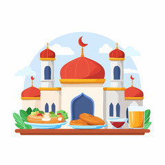 Festive Ramadan Eid Celebration with Mosques Traditional Food and Fireflies on White Background