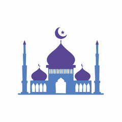 Elegant Purple and Blue Mosque Silhouette with Crescent Moon for Ramadan Isolated on a Clean White Background Featuring Minarets Domes and Intricate Outlines Ideal for