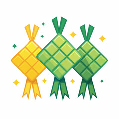 Three Ramadan Ketupat Icons in Yellow Light Green and Dark Green Shades Festive Cultural Rice Cakes Festive Background Celebration Decorative Graphic Elements