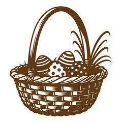 Fototapeta premium Vintage Brown wicker basket filled with Easter eggs and grass on white background