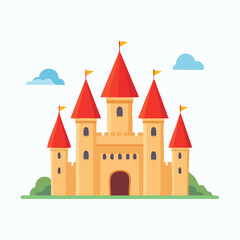 Cartoon Medieval Castle with Red Conical Roofs and Multiple Towers Isolated on White Background Illustration with Simple Clouds and Green Bushes