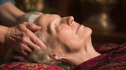 An elderly woman with closed eyes relaxes as she receives a gentle head massage in a dimly lit room, promoting wellness and tranquility through therapeutic touch.