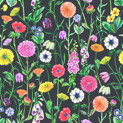 Hand drawn garden flowers seamless pattern. Primrose, foxglove, anemone, daisy, dahlia, fritillaria, marigold floral drawings. Nature pencil sketches. Summer background design on black.