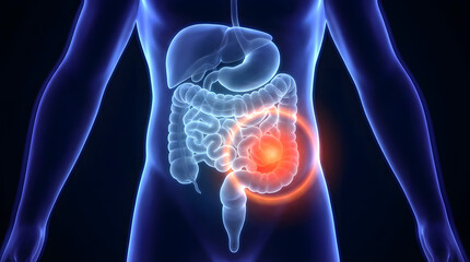 Anatomical illustration showing a human torso with visible internal organs and a highlighted area in the lower abdomen region