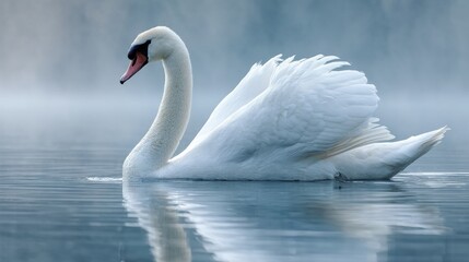 Naklejka premium Elegant swan gliding through tranquil waters, its pristine white feathers reflecting in the calm surface. Serene.