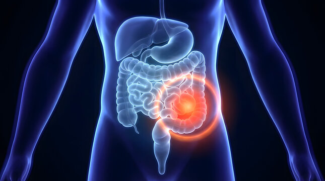 Anatomical illustration showing a human torso with visible internal organs and a highlighted area in the lower abdomen region