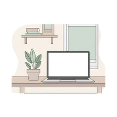 Minimalist Workspace Illustration with Laptop and Wooden Shelving