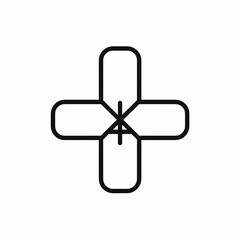 Minimalist line art symbol representing a cross with internal blades or wings, suggesting innovation or movement.