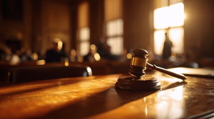 A gavel rests on a polished wooden surface in a courtroom bathed in the golden light of day. Jurors wait, ready to deliver a verdict. This image is serious and dignified.