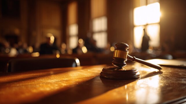 A gavel rests on a polished wooden surface in a courtroom bathed in the golden light of day. Jurors wait, ready to deliver a verdict. This image is serious and dignified.